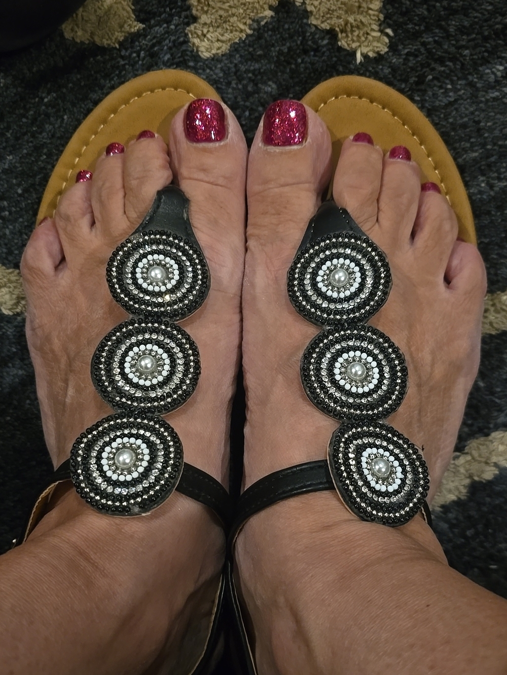 Beaded Black Toe-Loop Sandals with Pearl Accents